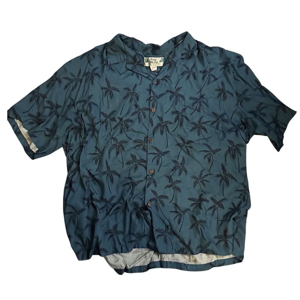 Two Palms Hawaiian Shirt Mens Large Blue Palm Tree Print Rayon Made in Hawaii
